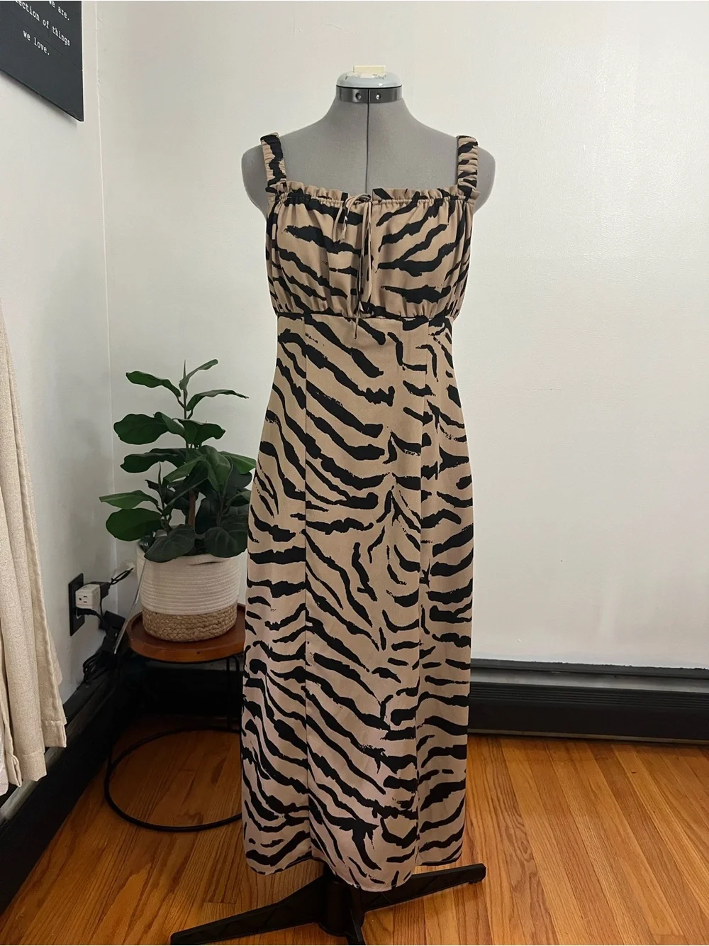 Bar III Beige and Black Zebra-Print Midi Dress with Side Slit